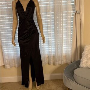 Lulu's Elegant Black spaghetti strap, deep, the neck, Backless Gown